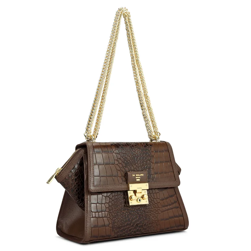Da Milano Small Croco Leather Shoulder Bag - Walnut